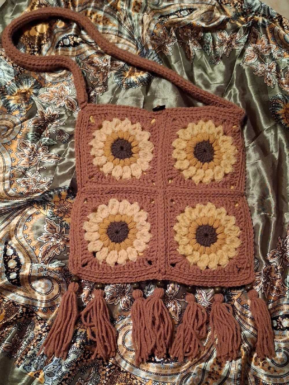 Boho Crochet Crossbody Bag in Brown and Cream